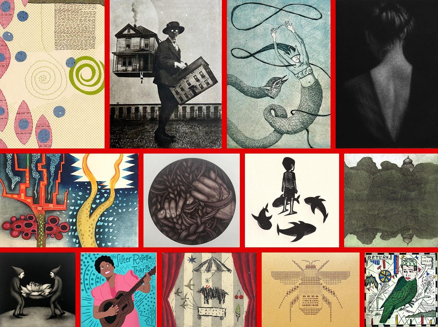 Work by: (top row) Sarah Smelser, Jaco Putker, Deborah Maris Lader, Cleo Wilkinson; (middle row) Karen Kunc, Carrie Lingscheit, Alberto Cruz, Damon Kowarsky; (bottom row) Kouki Tsuritani, Octavia Ink, Kumi Obata, Jen Farrell (Starshaped Press), Tony Fitzpatrick. (Courtesy of the Chicago Printmakers Collaborative)