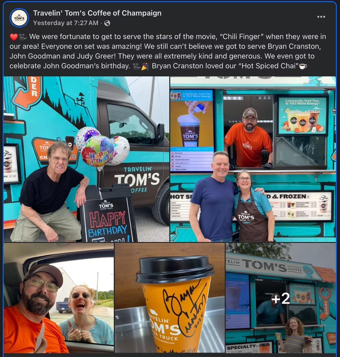 In a Facebook post, a local coffee spot shows John Goodman, Bryan Cranston and Judy Greer stopping by as they filmed a production at Flyover Studios in Rantoul.