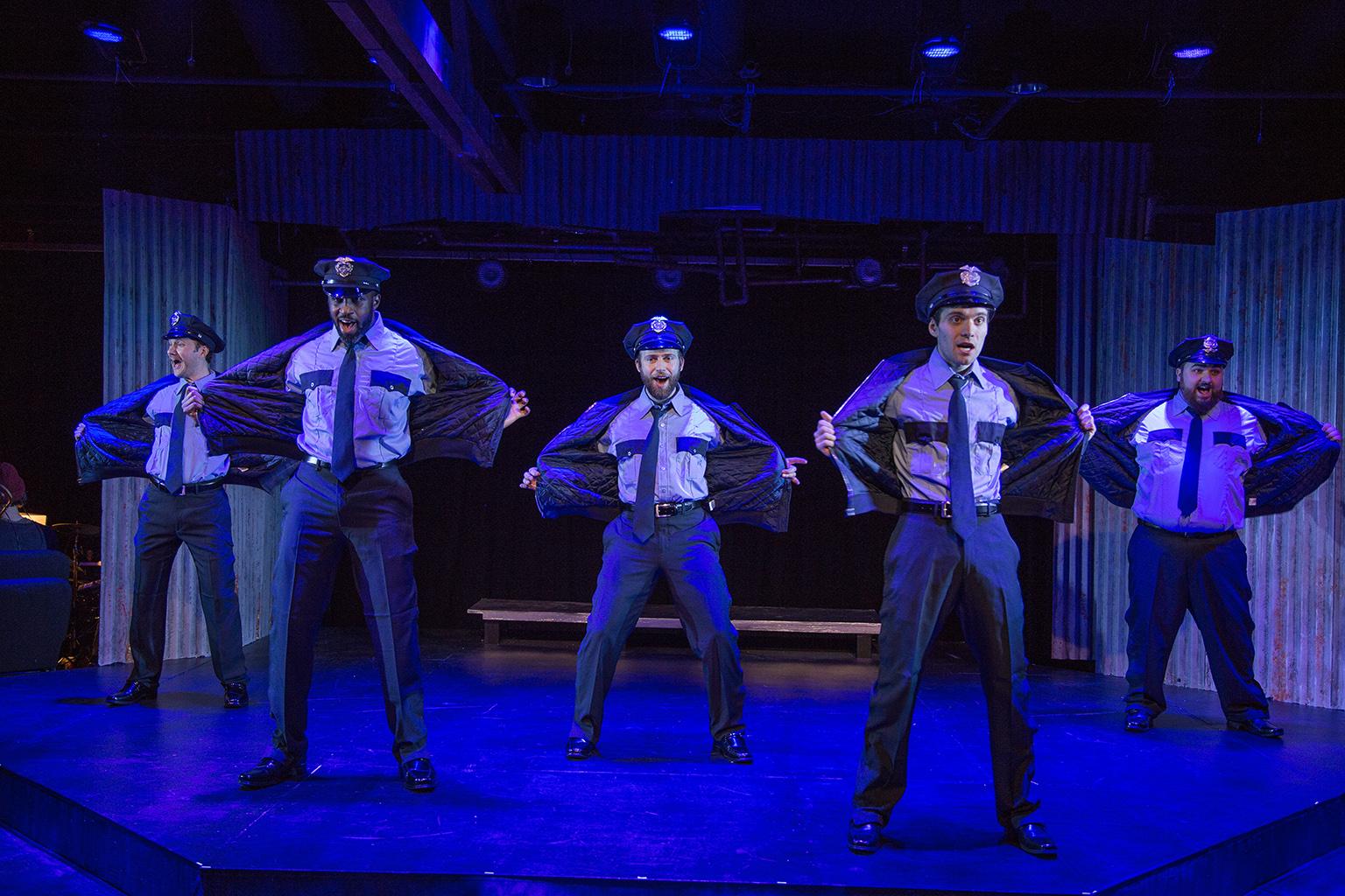 From left: Jonathan Schwart, Marc Prince, Neil Stratman, Joe Giovannetti and Nick Druzbanski in “The Full Monty” at Theo Ubique Cabaret Theatre. (Photo by Austin D. Oie)