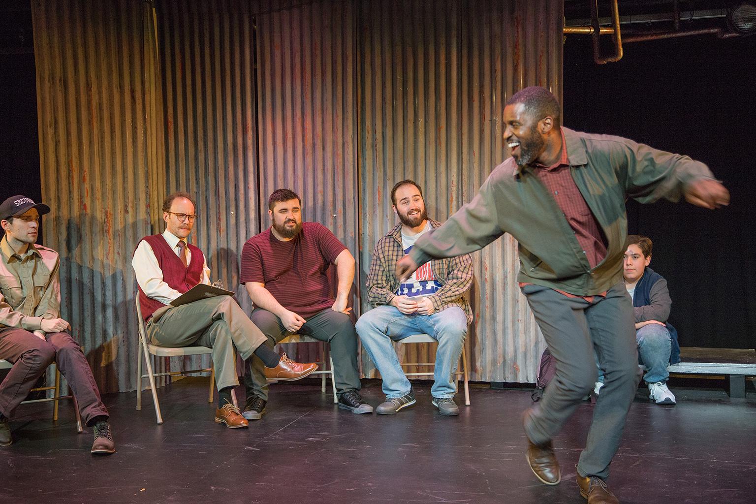 From left: Joe Giovannetti, Jonathan Schwart, Nick Druzbanski, Matt Frye, Marc Prince and Sean Zielinski in “The Full Monty.” (Photo by Austin D. Oie)