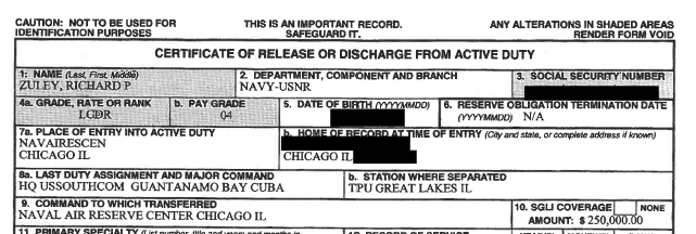 A record of former CPD Detective Richard Zuley being sent from Chicago to the detention camp at Guantanamo Bay.