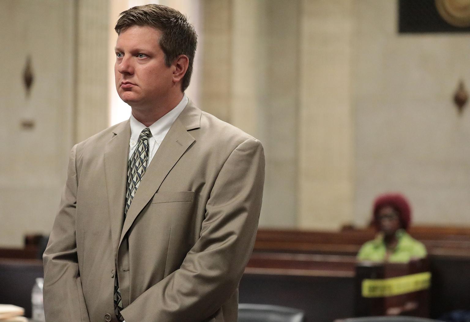 Chicago police Officer Jason Van Dyke listens to court arguments during a hearing Tuesday, July 31, 2018 at the Leighton Criminal Court Building in Chicago. Van Dyke is charged with first-degree murder in the shooting death of Laquan McDonald. (Antonio Perez / Chicago Tribune / Pool)