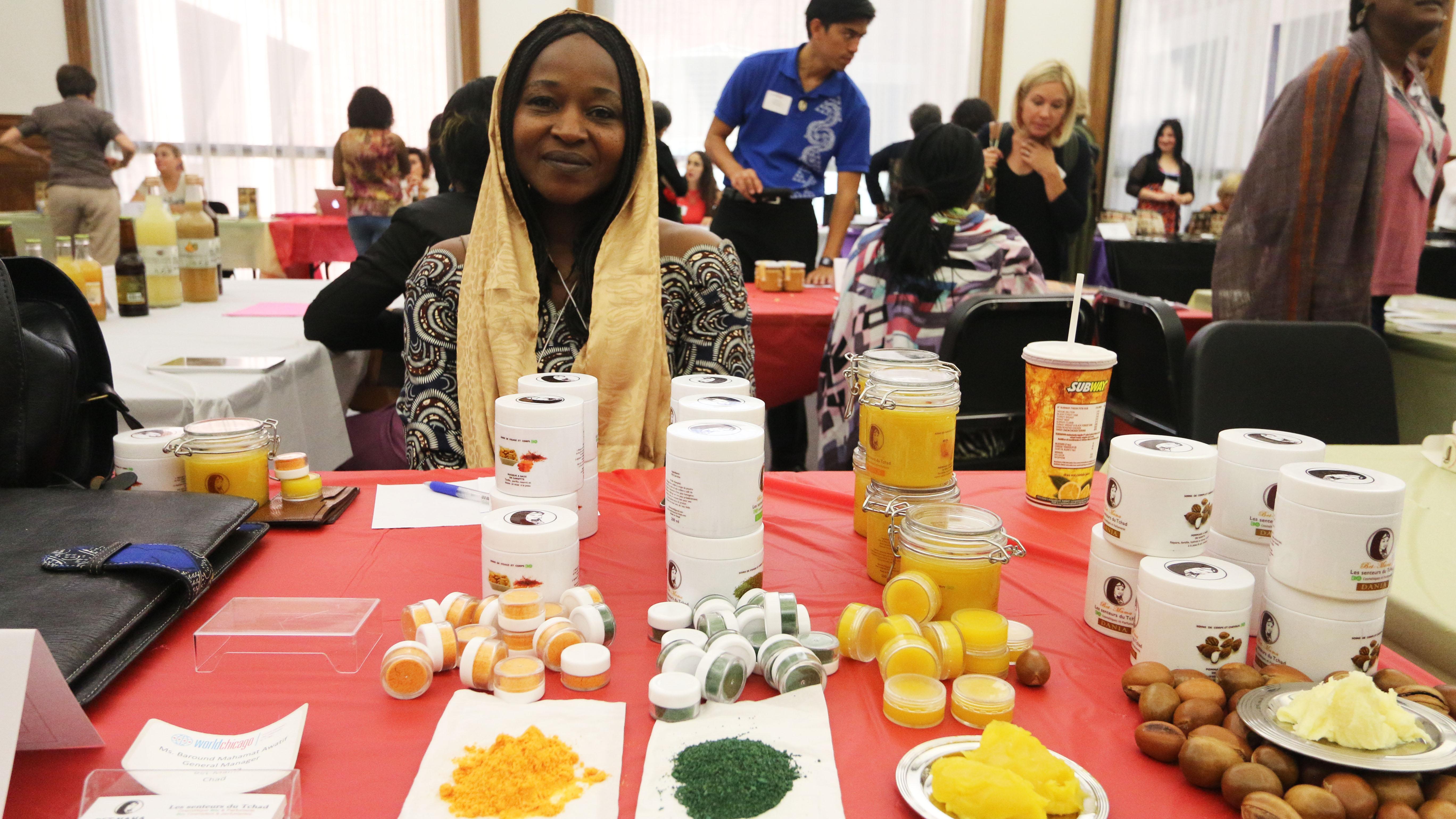 Baround Mahamat Awatif of Bet-Mama in Chad displays handmade cosmetics in 2015. (Courtesy of Peggy Parfenoff)