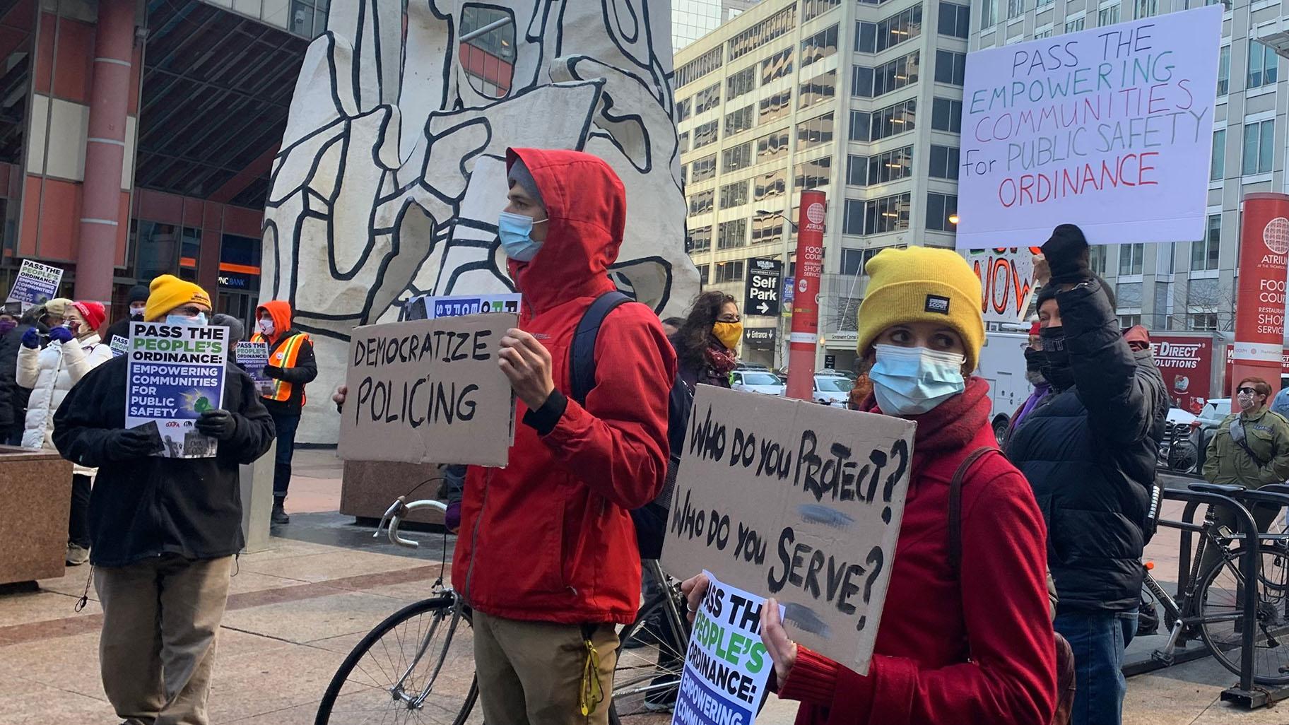 Supporters of the Empowering Communities for Public Safety plan call for more police accountability during a rally April 21, 2021. (Heather Cherone / WTTW News)