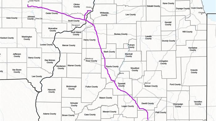 A map submitted to the Illinois Commerce Commission by Wolf Carbon Solutions showing their preferred route for a proposed carbon dioxide pipeline. (Photo taken from ICC testimony.)