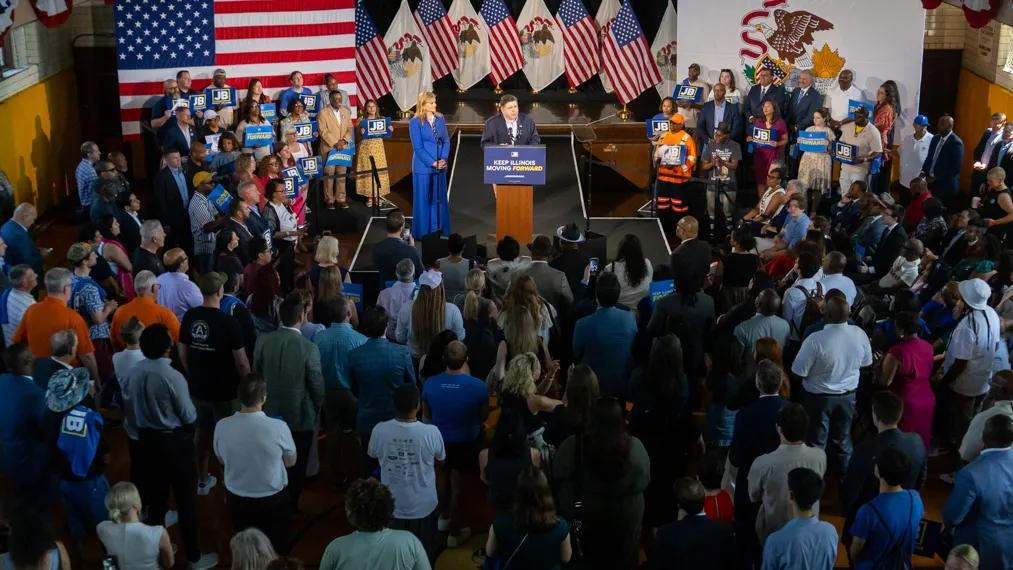 Gov. JB Pritzker announces he will run for a third term as Illinois governor at a June 26, 2025, rally. (Andrew Adams / Capitol News Illinois) Gov. JB Pritzker announces he will run for a third term as Illinois governor at a June 26, 2025, rally. (Andrew Adams / Capitol News Illinois)