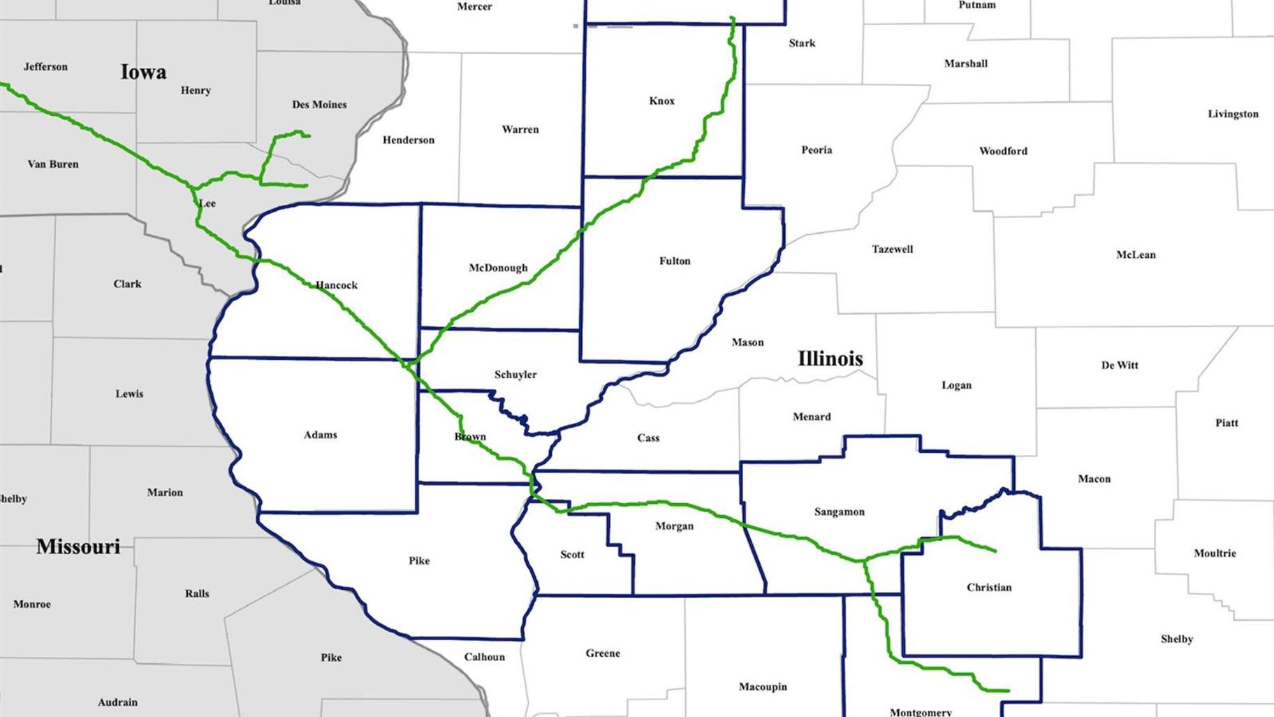 The proposed map shows the Illinois portion of the now-canceled Navigator Heartland Greenway pipeline. (Published by Navigator CO2 at heartlandgreenway.com)