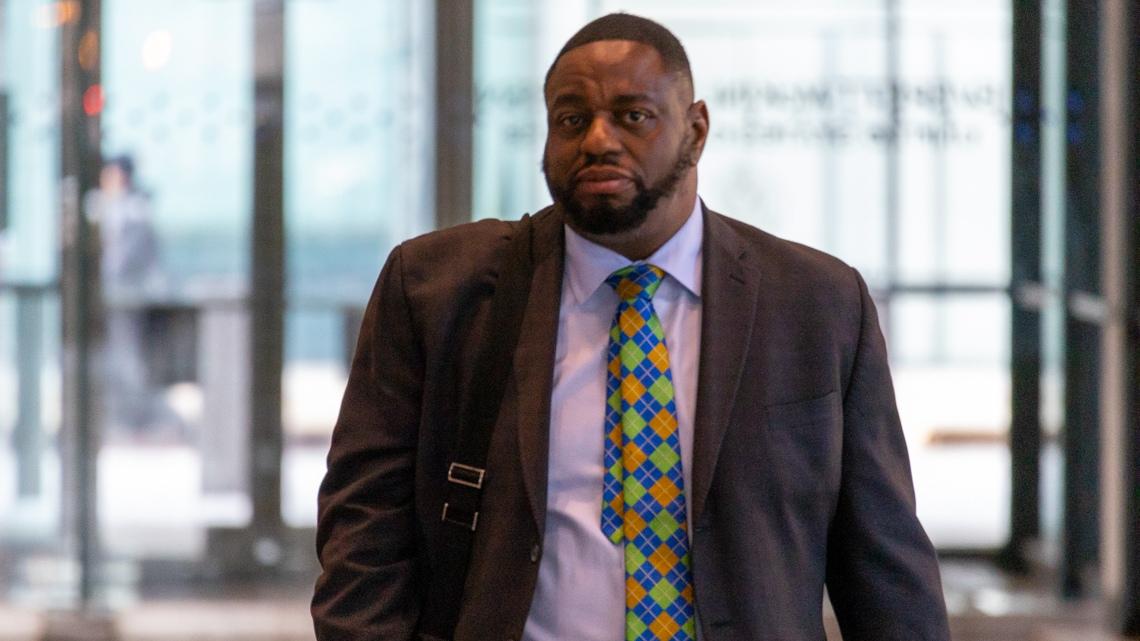 State Sen. Emil Jones III, D-Chicago, exits the Dirksen Federal Courthouse on Monday, April 7, after the first day of jury selection in his corruption trial. (Andrew Adams / Capitol News Illinois) State Sen. Emil Jones III, D-Chicago, exits the Dirksen Federal Courthouse on Monday, April 7, after the first day of jury selection in his corruption trial. (Andrew Adams / Capitol News Illinois)