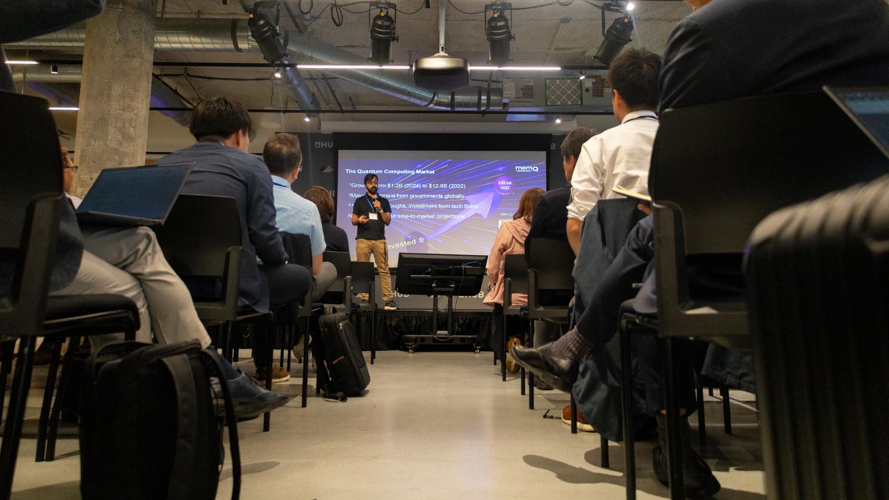 Manish Singh, co-founder and CEO of quantum tech company memQ, speaks to representatives of dozens of Japanese quantum business at a June 10, 2025, event in Chicago. (Andrew Adams / Capitol News Illinois) 