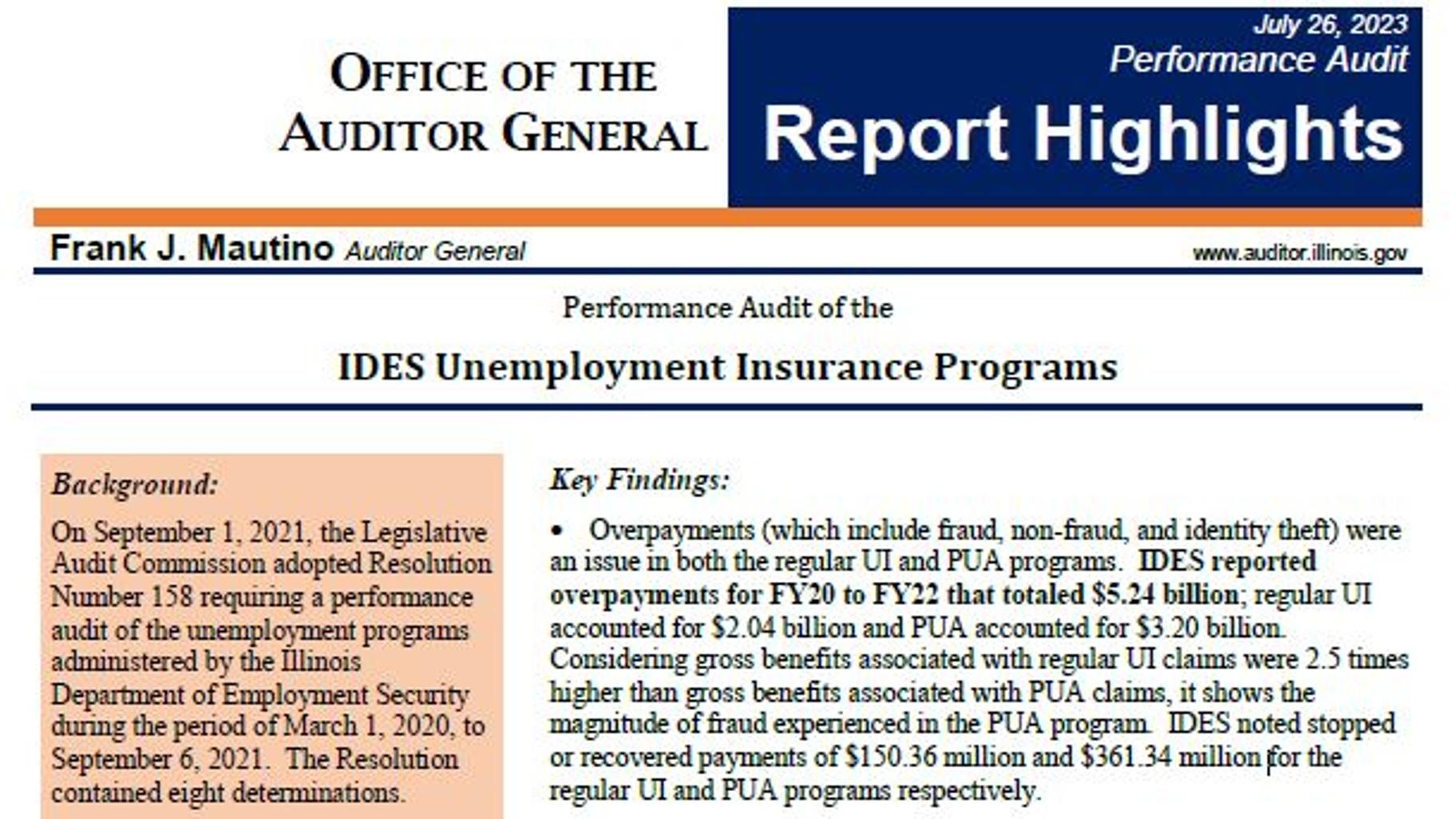A screenshot shows the main finding of a state audit of unemployment fraud that occurred amid the COVID-19 pandemic. (Credit: Illinois Auditor General's Office)