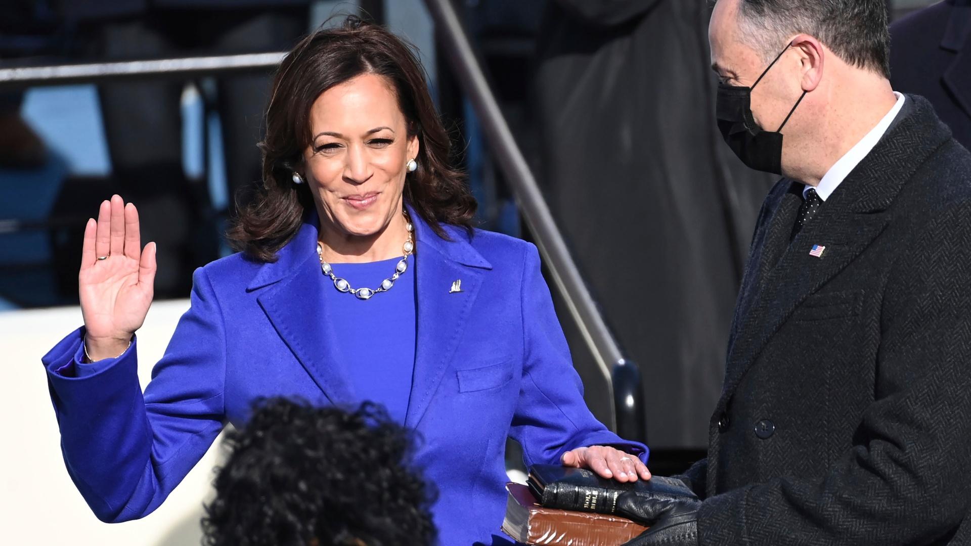 Kamala Harris is sworn in as vice president by Supreme Court Justice Sonia Sotomayor as her husband Doug Emhoff holds the Bible during the 59th Presidential Inauguration at the U.S. Capitol in Washington, Wednesday, Jan. 20, 2021. (Saul Loeb / Pool Photo via AP)