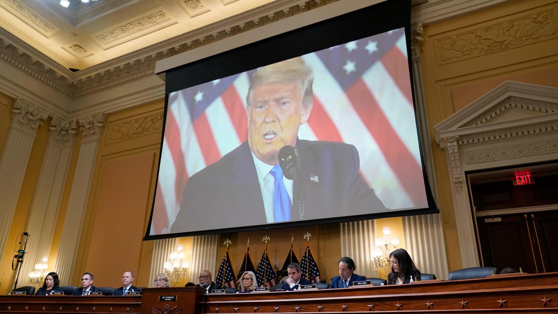 A video of former President Donald Trump is shown on a screen, as the House select committee investigating the Jan. 6 attack on the U.S. Capitol holds its final meeting on Capitol Hill in Washington, Monday, Dec. 19, 2022. (AP Photo / J. Scott Applewhite)