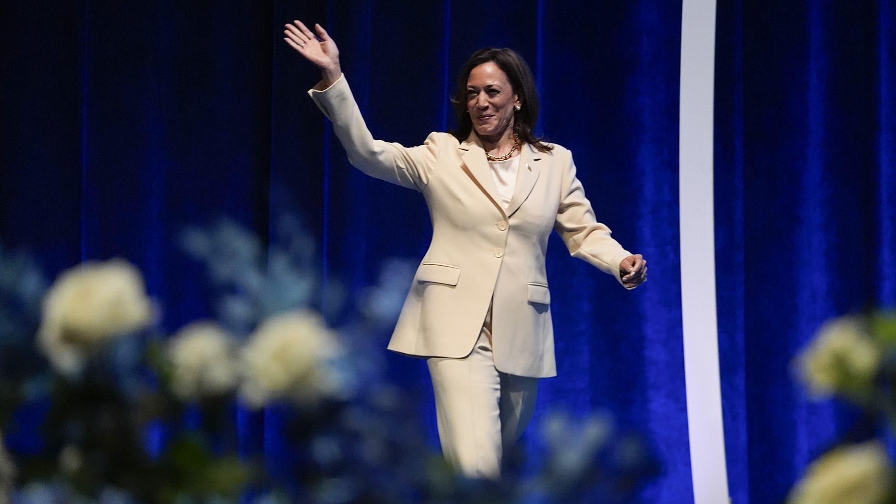 Vice President Kamala Harris waves as she is introduced during the Zeta Phi Beta Sorority, Inc.’s Grand Boulé, Wednesday, July 24, 2024, in Indianapolis. (AP Photo / Darron Cummings)