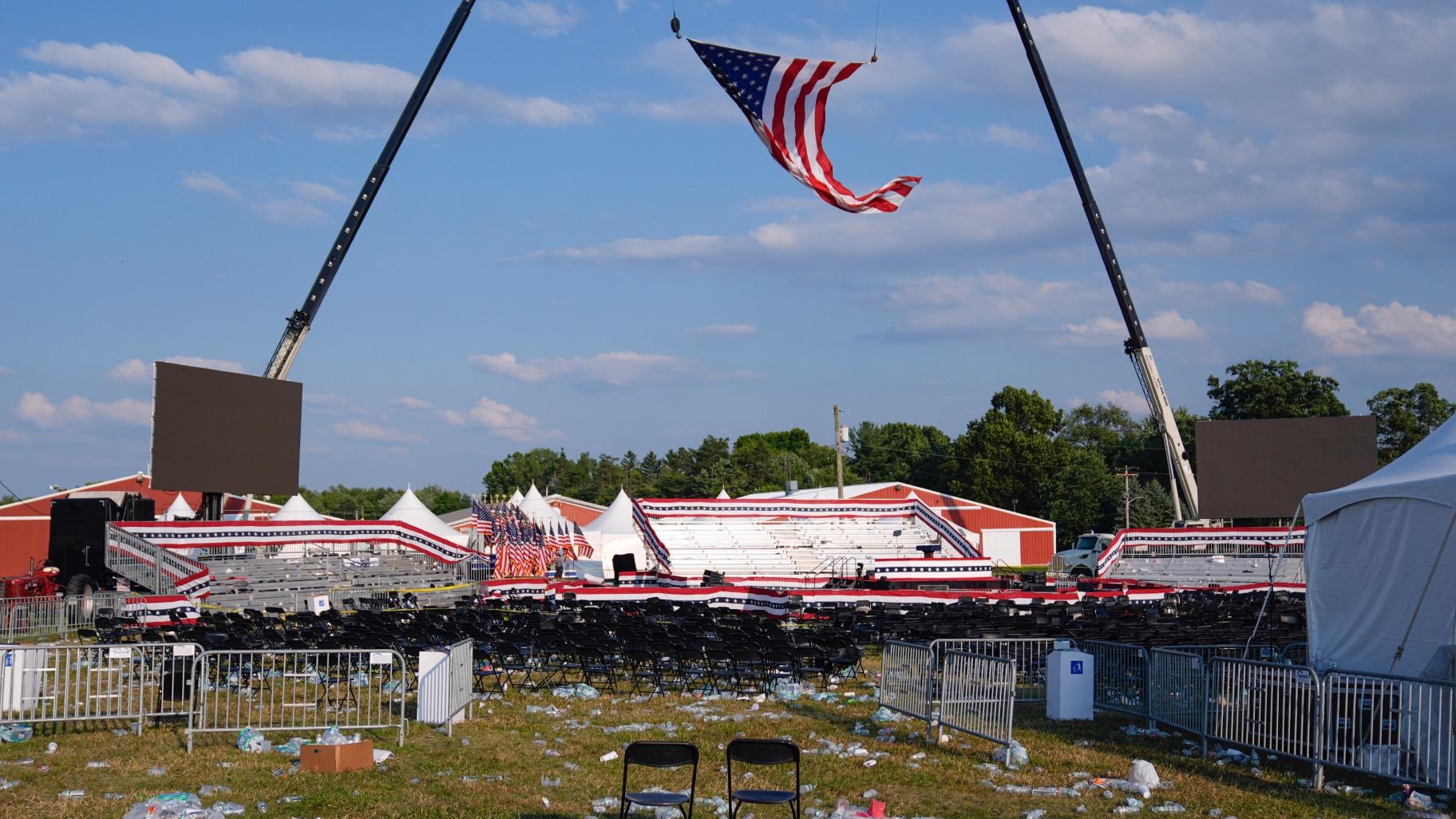A campaign rally site for Republican presidential candidate former President Donald Trump is empty and littered with debris Saturday, July 13, 2024, in Butler, Pa. (AP Photo / Evan Vucci)
