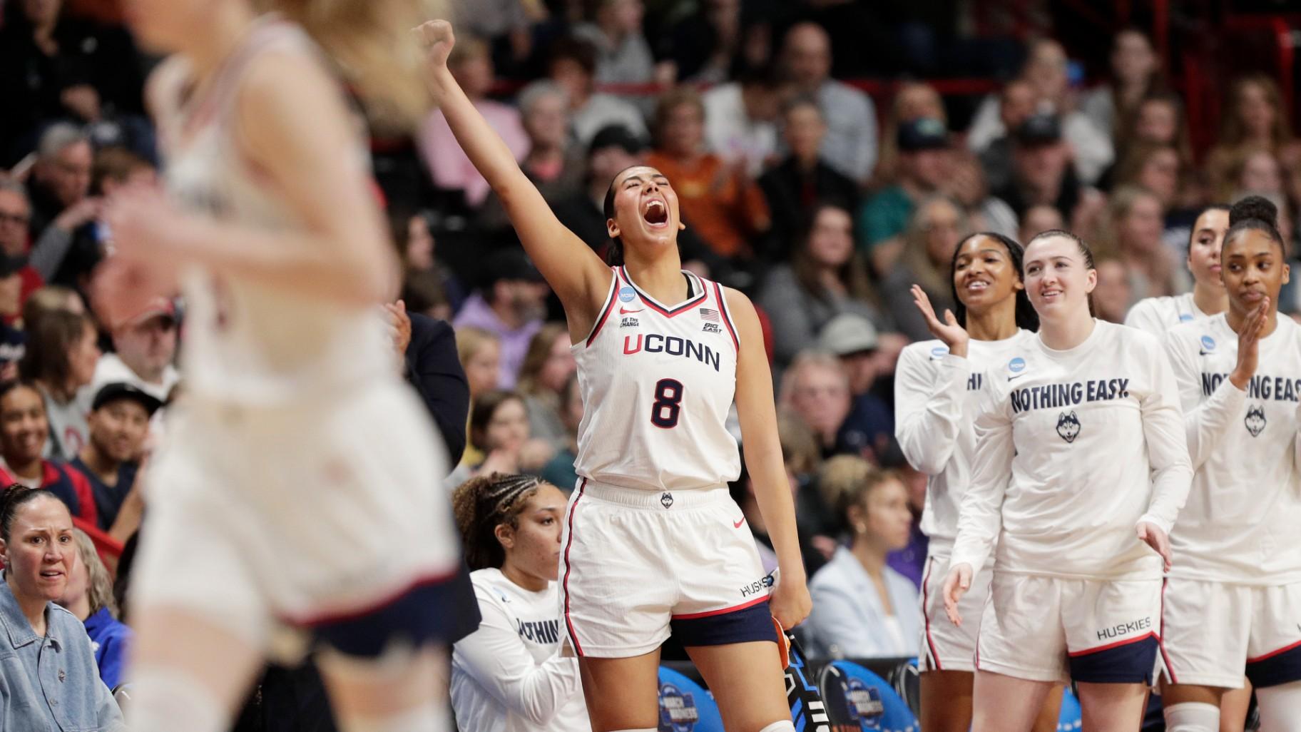 UConn center Jana El Alfy (8) and her teammates celebrate during the second half against Oklahoma in the Sweet 16 of the NCAA college basketball tournament, Saturday, March 29, 2025, in Spokane, Wash. (AP Photo / Young Kwak) UConn center Jana El Alfy (8) and her teammates celebrate during the second half against Oklahoma in the Sweet 16 of the NCAA college basketball tournament, Saturday, March 29, 2025, in Spokane, Wash. (AP Photo / Young Kwak)