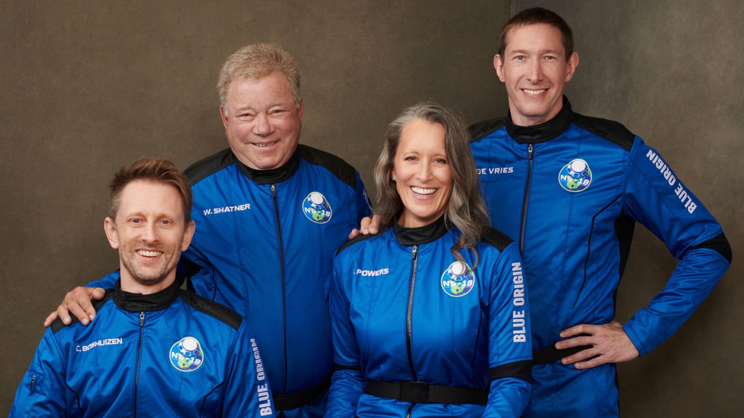 This undated photo made available by Blue Origin in October 2021 shows, from left, Chris Boshuizen, William Shatner, Audrey Powers and Glen de Vries. Their launch scheduled for Wednesday, Oct. 13, 2021 will be Blue Origin’s second passenger flight, using the same capsule and rocket that Jeff Bezos used for his own trip three months earlier. (Blue Origin via AP)
