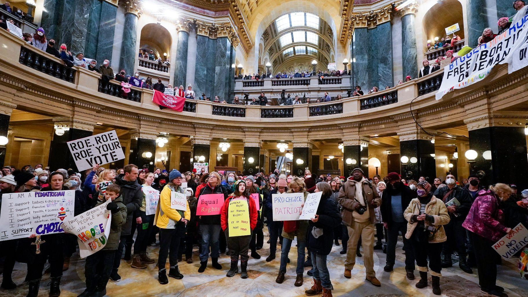Protesters are seen in the Wisconsin Capitol Rotunda during a march supporting overturning Wisconsin’s near total ban on abortion, Jan. 22, 2023, in Madison, Wis. (AP Photo / Morry Gash)