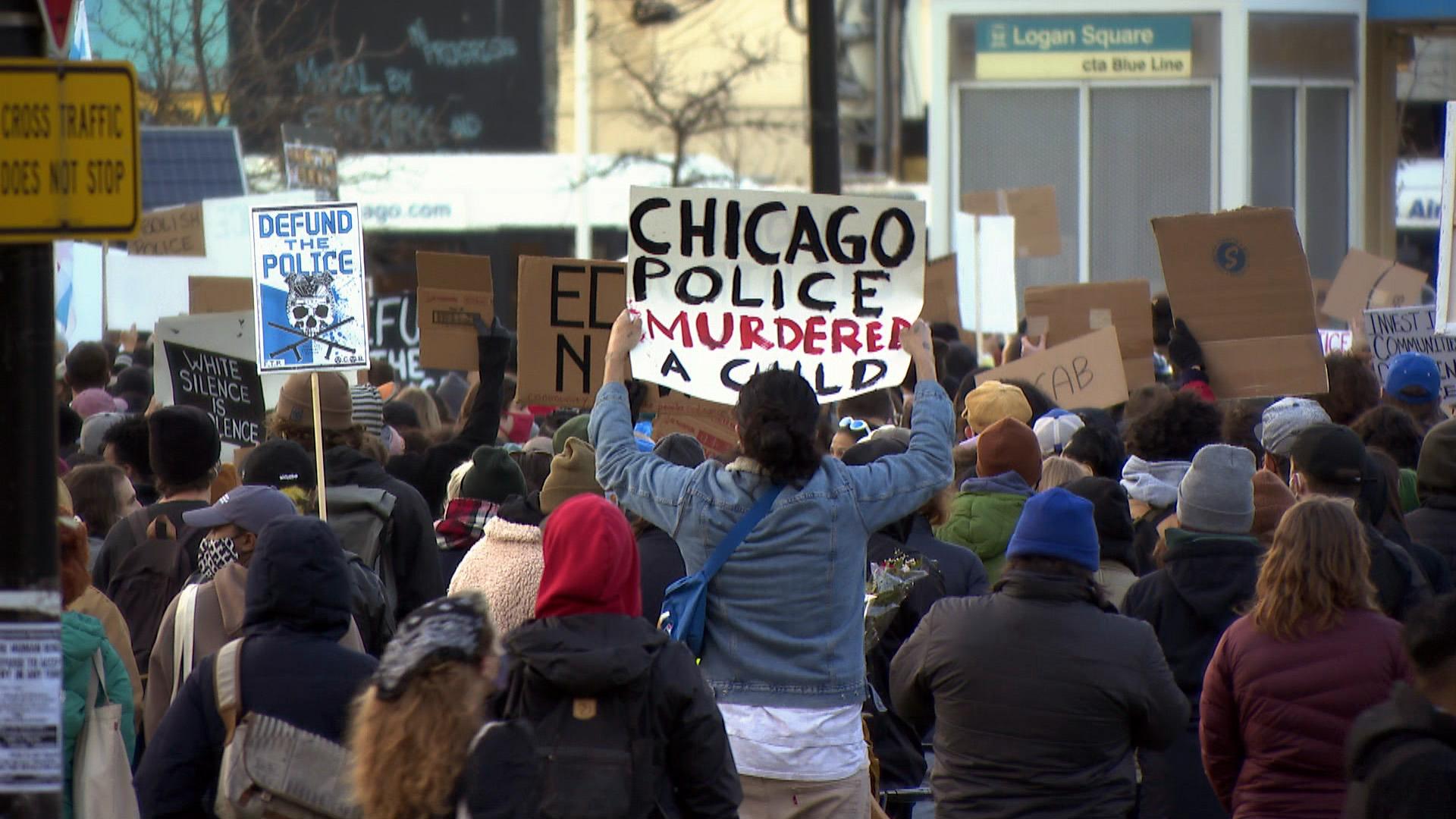 Protesters gather in Logan Square on April 16, 2021 to denounce the police killing of 13-year-old Adam Toledo. (WTTW News)