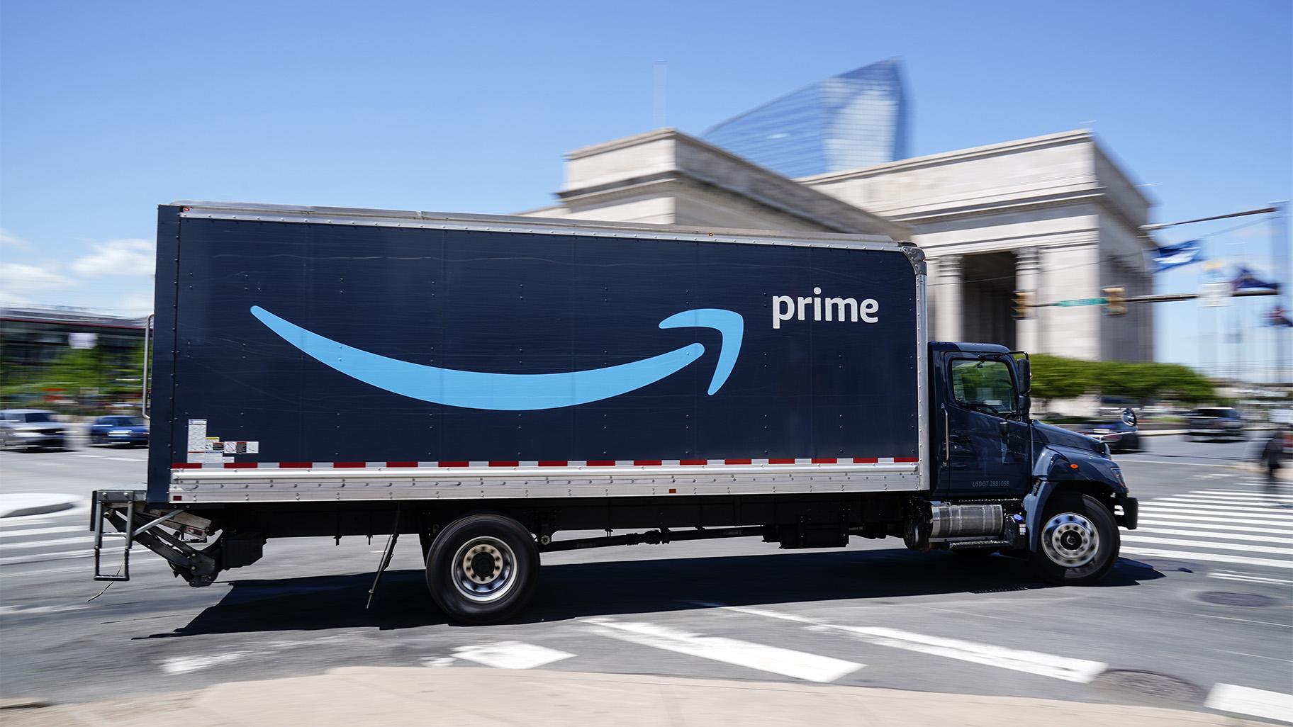 An Amazon truck drives in in Philadelphia, Friday, April 30, 2021. (AP Photo / Matt Rourke)