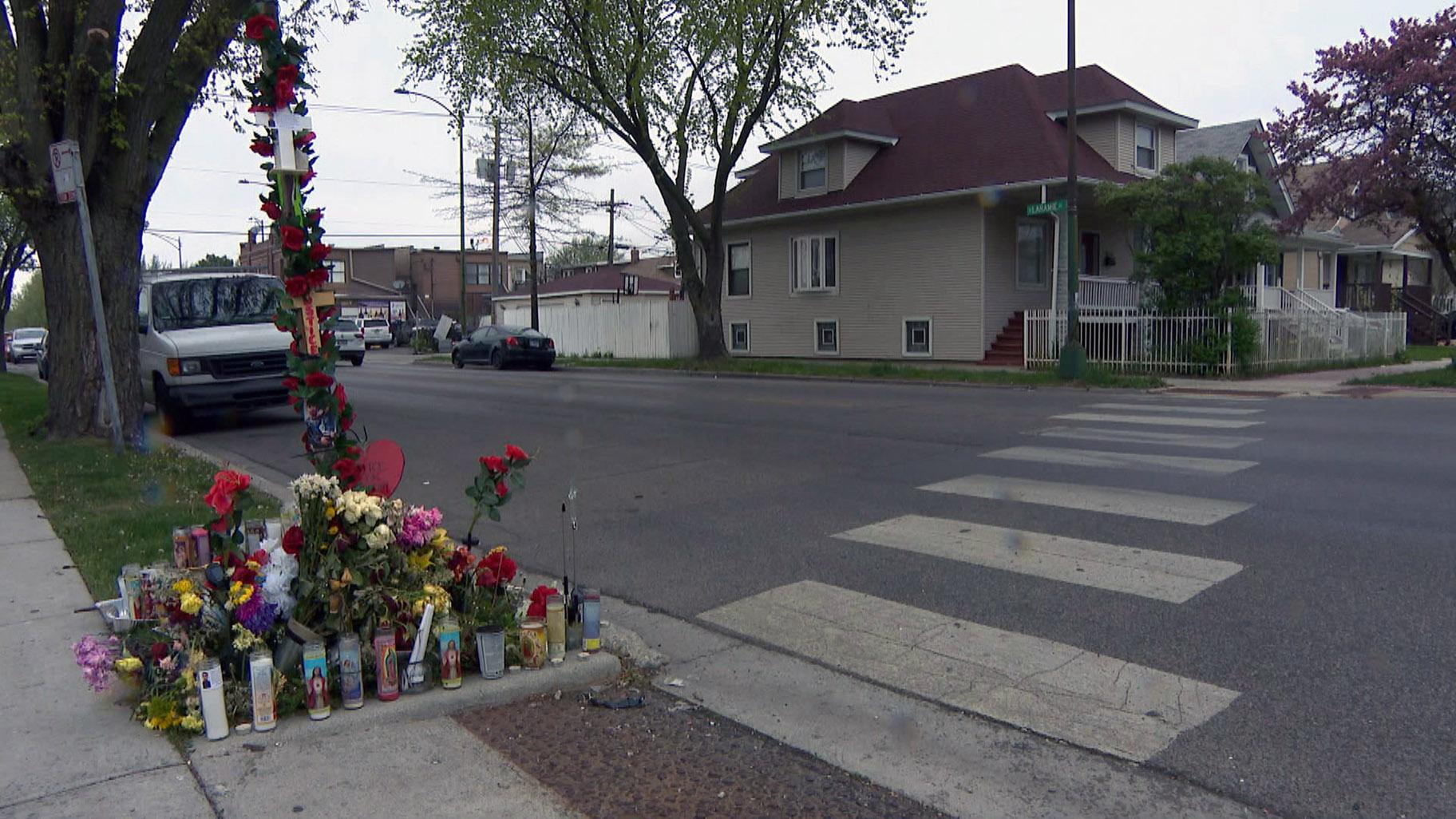 A memorial for Anthony Alvarez, the 22-year-old fatally shot by a Chicago police officer in Portage Park on March 31, 2021, is seen on April 28, the day police body camera video was released of the shooting. (WTTW News)