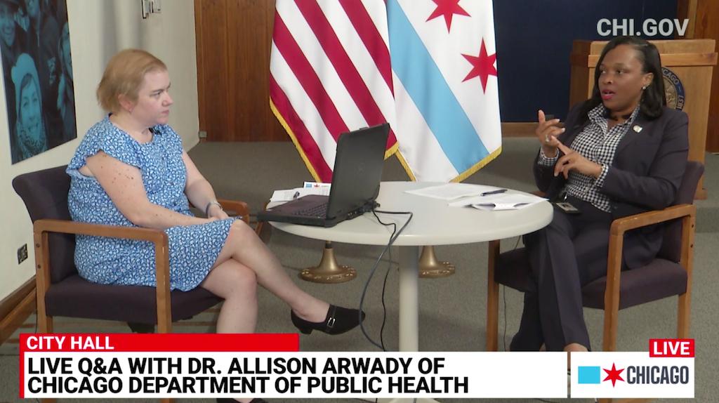 Chicago Department of Public Health Commissioner Dr. Allison Arwady, left, and CPS CEO Janice Jackson talk about reopening schools during Tuesday’s episode of the web series “Ask Dr. Arwady.” (Chicago Mayor’s Office / Facebook)