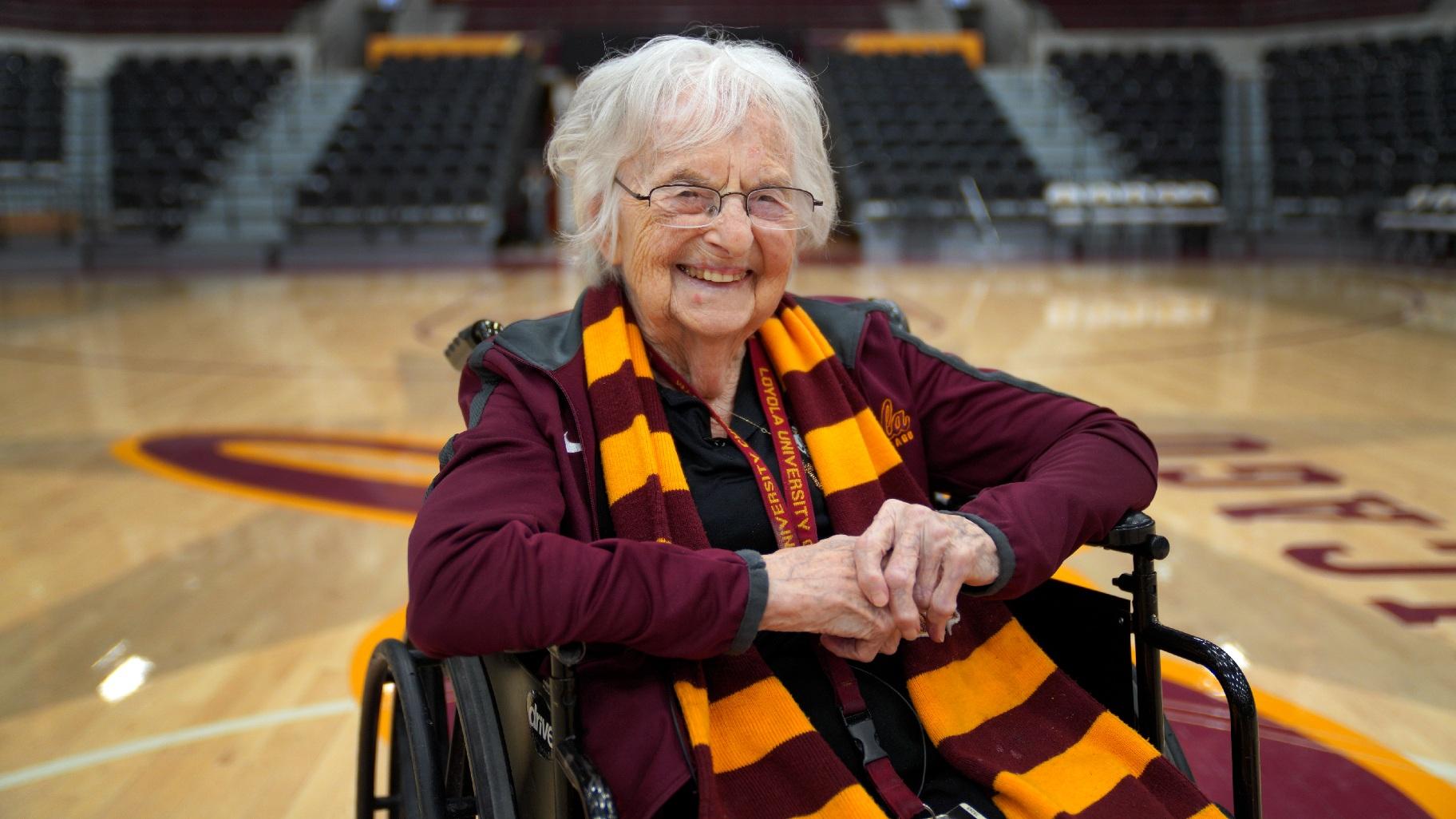 Sister Jean Dolores Schmidt, the Loyola University men's basketball chaplain and school celebrity, sits for a portrait in The Joseph J. Gentile Arena, on Monday, Jan. 23, 2023, in Chicago. (AP Photo / Jessie Wardarski)