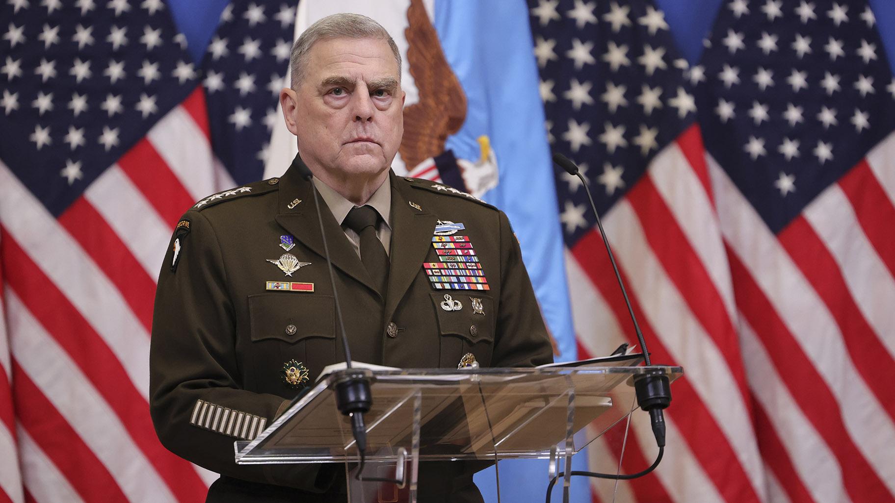 U.S. Joint Chiefs Chairman Gen. Mark Milley speaks during a media conference after a meeting of NATO defense ministers at NATO headquarters in Brussels, Tuesday, Feb. 14, 2023. (AP Photo / Olivier Matthys)