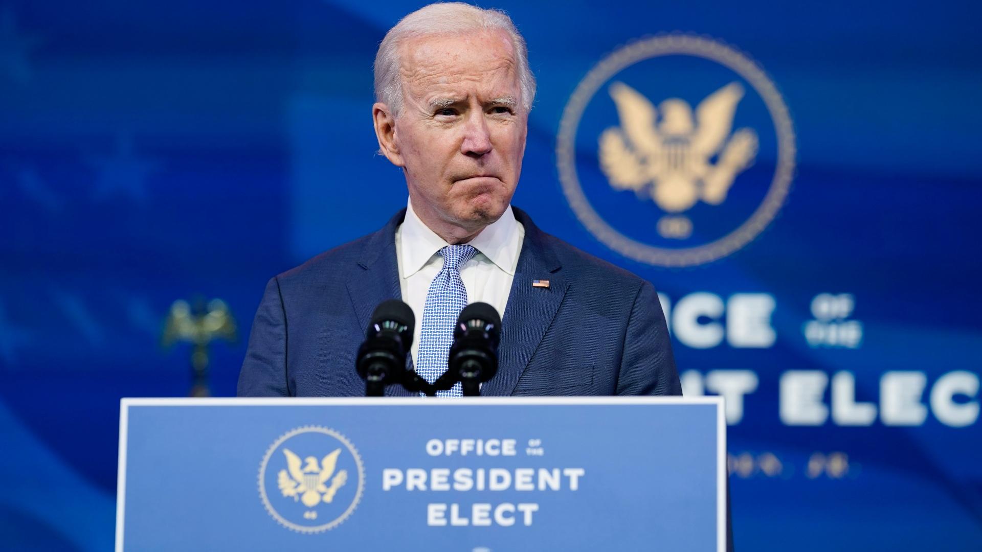President-elect Joe Biden speaks at The Queen theater in Wilmington, Del., Wednesday, Jan. 6, 2021. (AP Photo/Susan Walsh)
