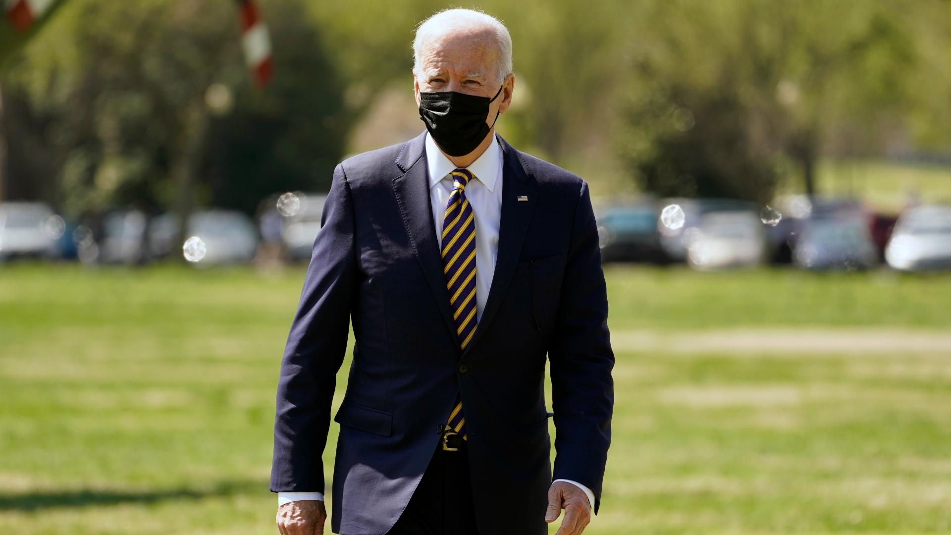 President Joe Biden walks over to speak to members of the media after arriving on the Ellipse on the National Mall after spending the weekend at Camp David, Monday, April 5, 2021, in Washington. (AP Photo / Evan Vucci)
