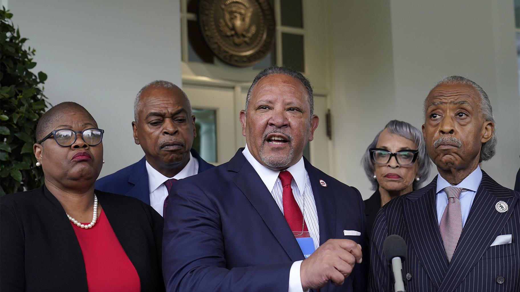 Marc Morial, center, President and Chief Executive Officer of the National Urban League, talks with reporters outside the West Wing of the White House in Washington, Thursday, July 8, 2021, following a meeting with President Joe Biden and leadership of top civil rights organizations. (AP Photo / Susan Walsh)
