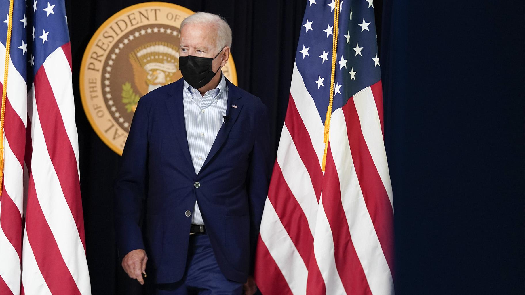 President Joe Biden arrives to attend a FEMA briefing on Hurricane Ida in the South Court Auditorium in the Eisenhower Executive Office Building on the White House Campus, Saturday, Aug. 28, 2021, in Washington. (AP Photo / Manuel Balce Ceneta)