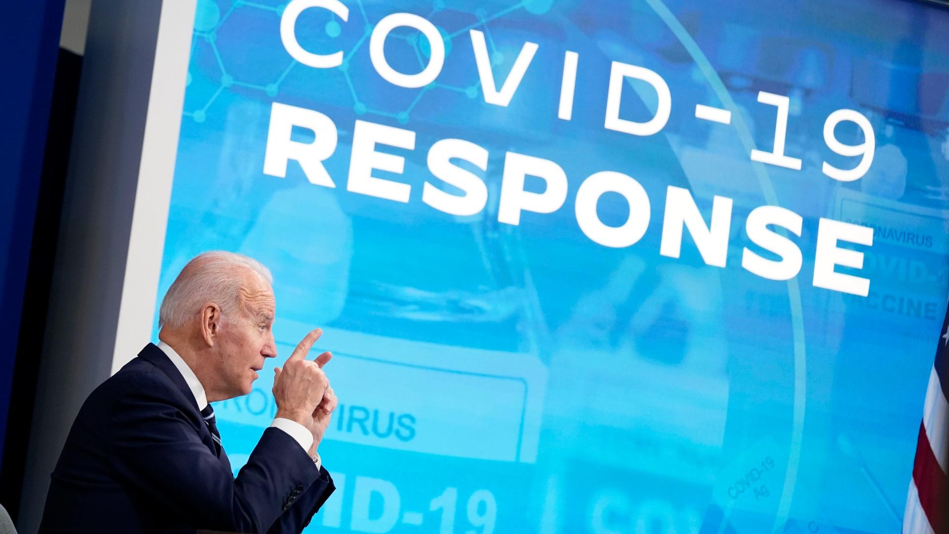 President Joe Biden speaks about the government’s COVID-19 response, in the South Court Auditorium in the Eisenhower Executive Office Building on the White House Campus in Washington, Thursday, Jan. 13, 2022. (AP Photo / Andrew Harnik)