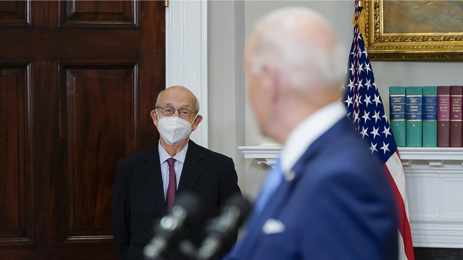 Supreme Court Associate Justice Stephen Breyer listens as President Joe Biden delivers remarks on the retirement of Breyer in the Roosevelt Room of the White House in Washington, Thursday, Jan. 27, 2022. 
