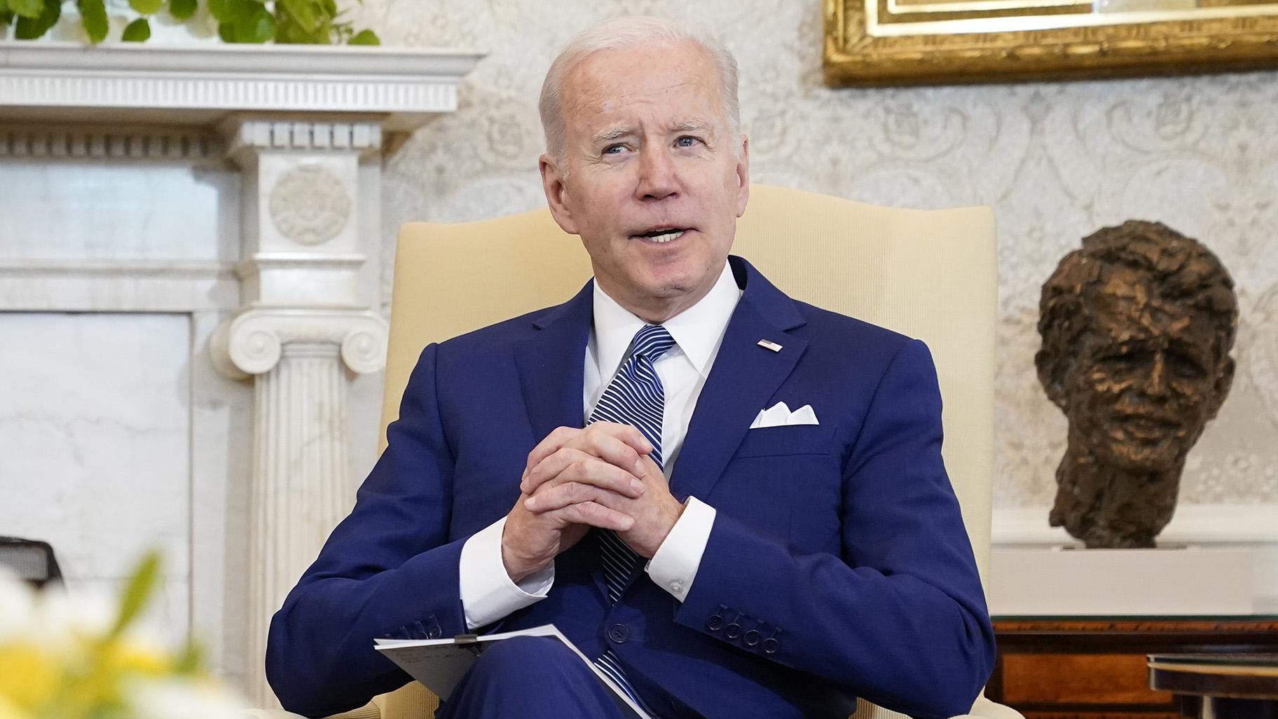 President Joe Biden sits in the Oval Office of the White House, on March 4, 2022, in Washington. (AP Photo / Patrick Semansky)