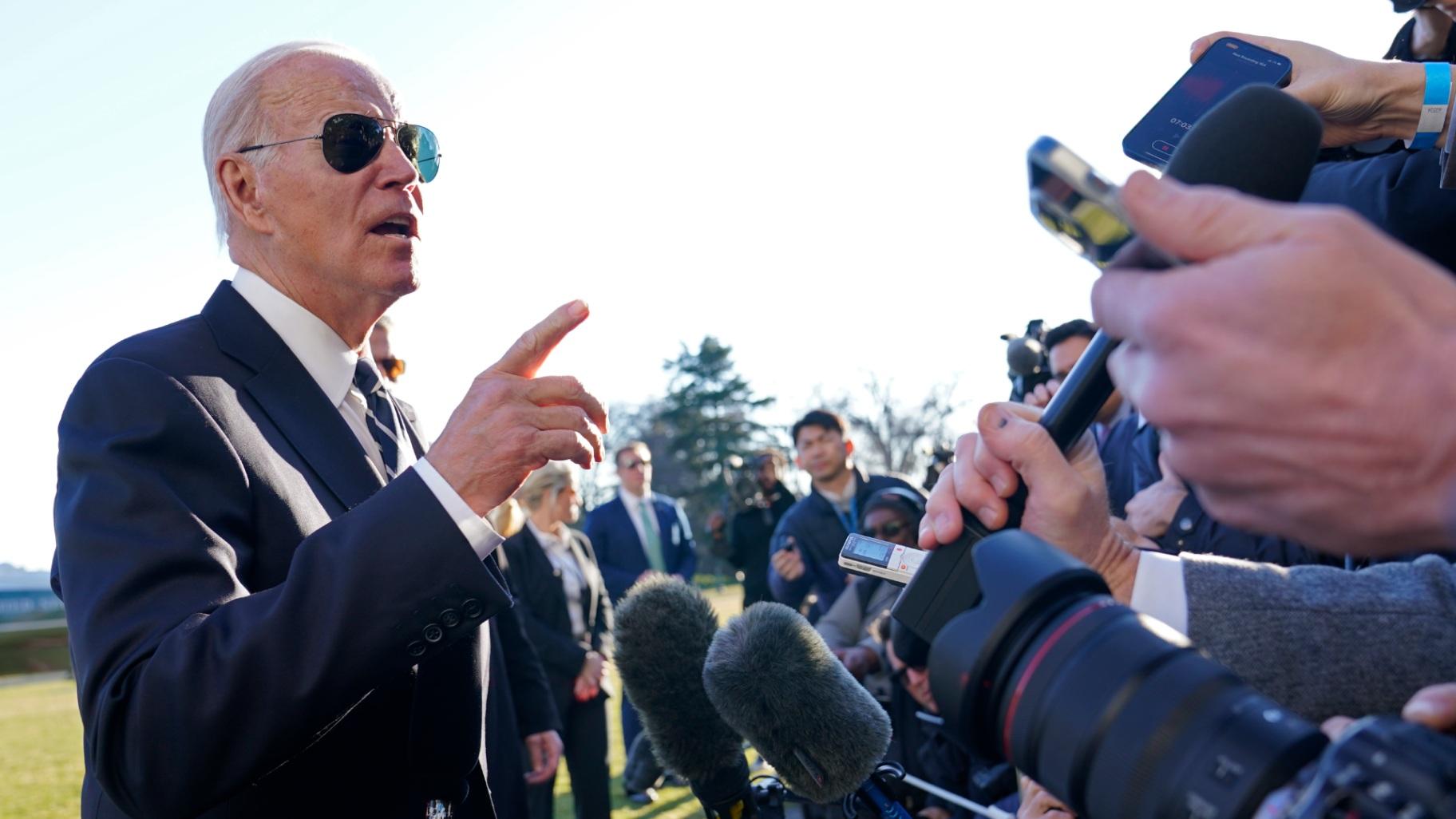 President Joe Biden talks with reporters on the South Lawn of the White House in Washington, Monday, Jan. 30, 2023, after returning from an event in Baltimore on infrastructure. (AP Photo / Susan Walsh)