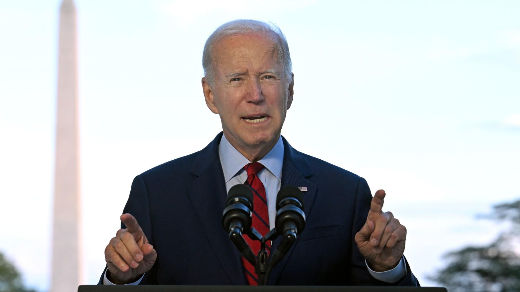 President Joe Biden speaks from the Blue Room Balcony of the White House Monday, Aug. 1, 2022, in Washington, as he announces that a U.S. airstrike killed al-Qaida leader Ayman al-Zawahri in Afghanistan. (Jim Watson / Pool via AP)