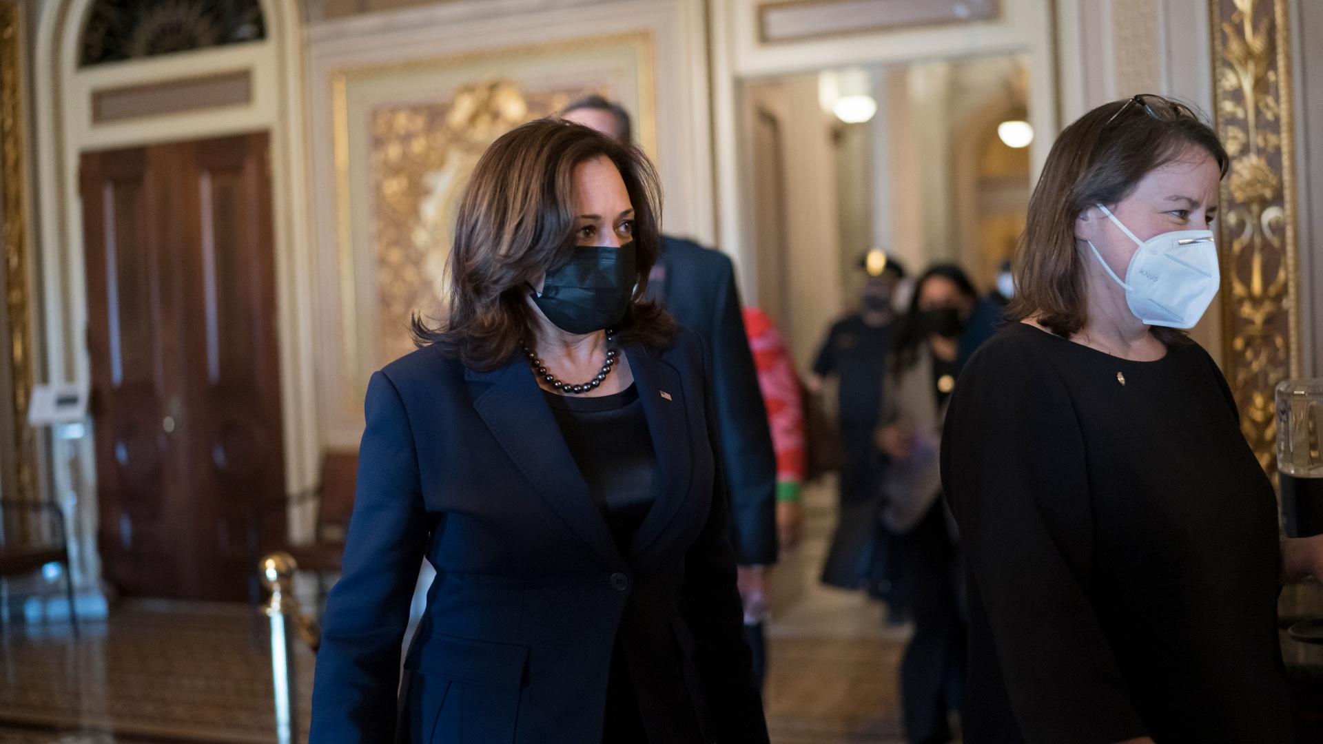 Vice President Kamala Harris arrives to break the tie on a procedural vote as the Senate works on the Democrats' .9 trillion COVID relief package, on Capitol Hill in Washington, Thursday, March 4, 2021. (AP Photo / J. Scott Applewhite)
