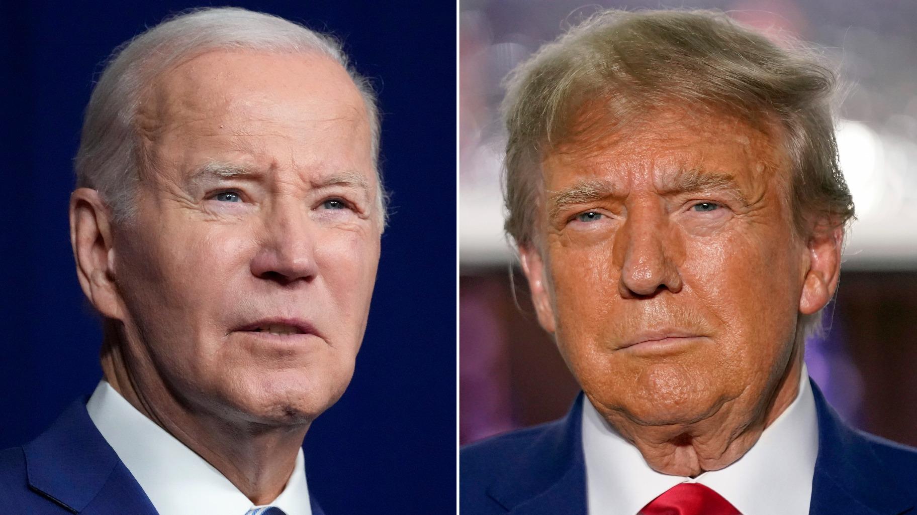 In this combination of photos, President Joe Biden, left, speaks on Aug. 10, 2023, in Salt Lake City, and former President Donald Trump speaks on June 13, 2023, in Bedminster, N.J. (AP Photo)