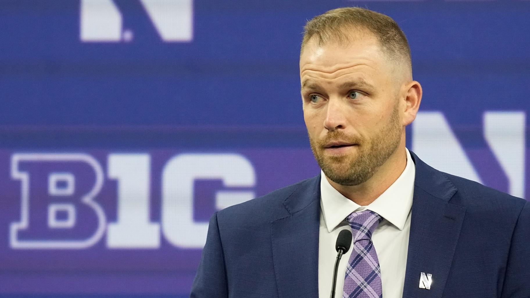 Northwestern interim head coach David Braun speaks during an NCAA college football news conference at the Big Ten Conference media days at Lucas Oil Stadium, Wednesday, July 26, 2023, in Indianapolis. (Darron Cummings / AP Photo)