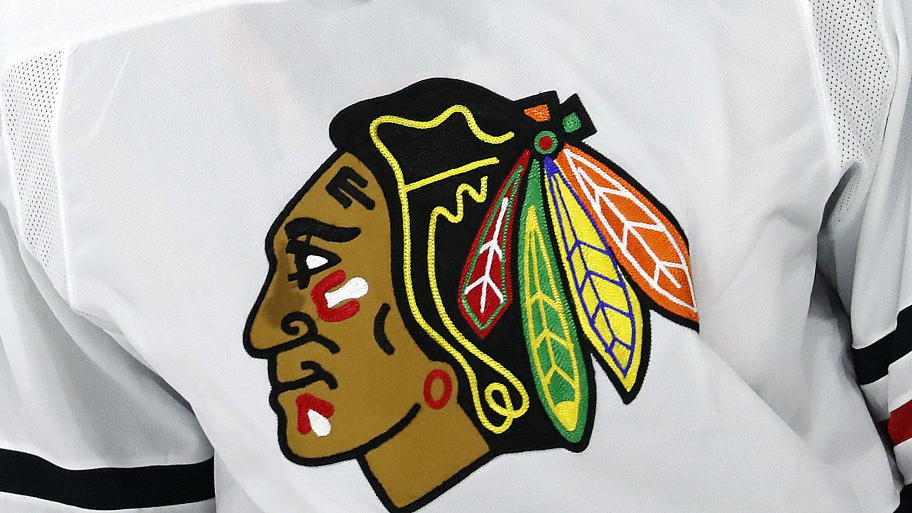 The Chicago Blackhawks logo is shown on a jersey in Raleigh, N.C., in this May 3, 2021, file photo. (AP Photo / Karl B DeBlaker, File)
