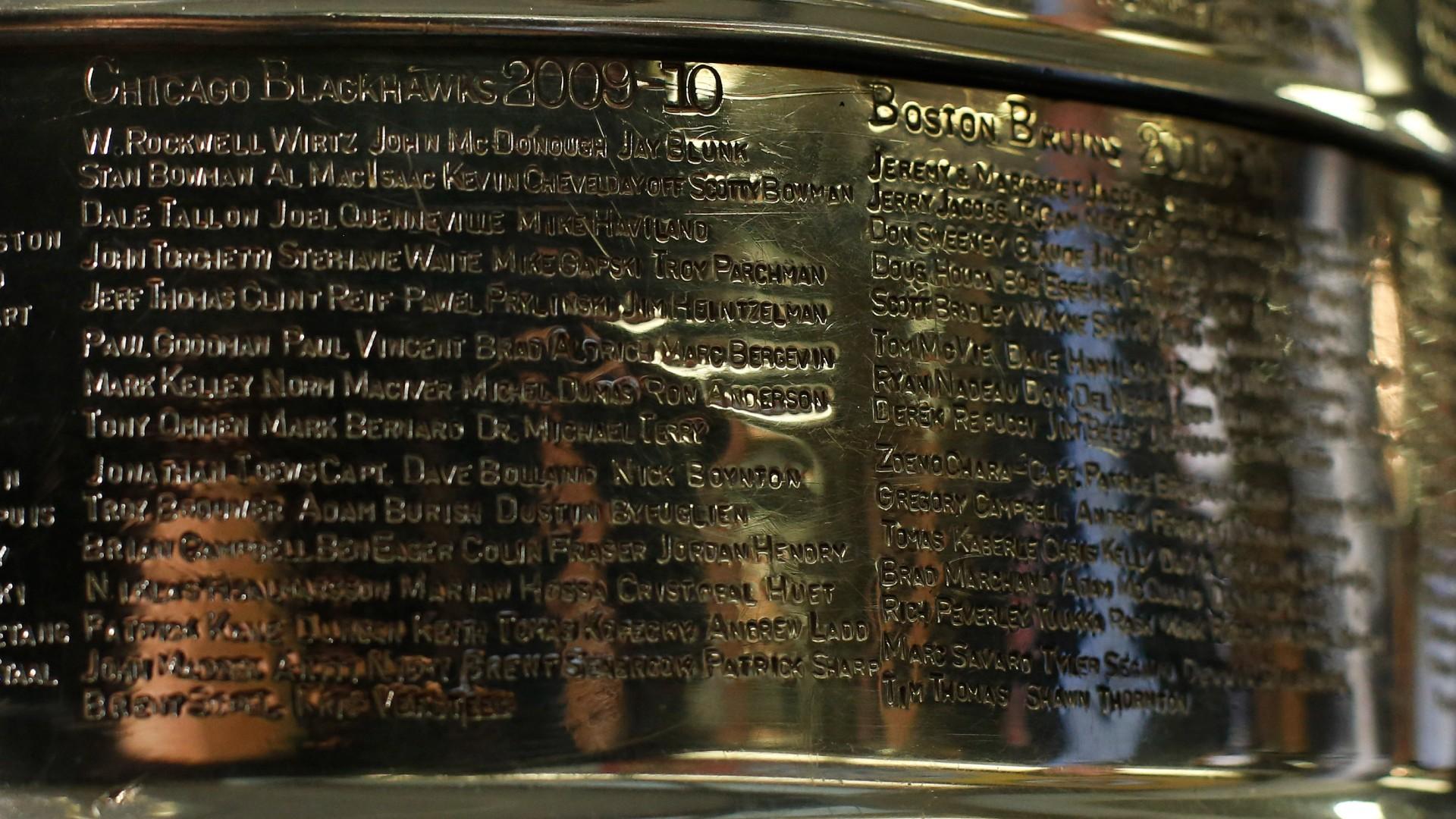 The names of the 2010 Stanley Cup Champion Chicago Blackhawks, left, are displayed on the Stanley Cup in the lobby of the United Center during an NHL hockey news conference on June 11, 2013 in Chicago. (AP Photo / Charles Rex Arbogast, File)