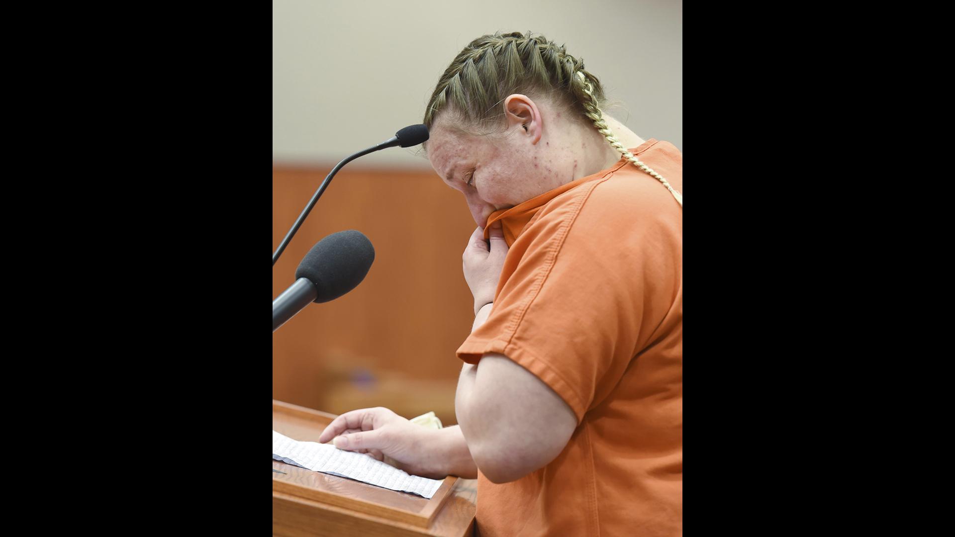 In this July 16, 2020 file photo, JoAnn Cunningham, cries and wipes her nose during her sentencing hearing in Woodstock, Ill. On Friday, June 17, 2020 Cunningham was sentenced to 35 years in prison for beating her five-year-old son to death in April of 2019. (John Starks / Daily Herald via AP Pool File)