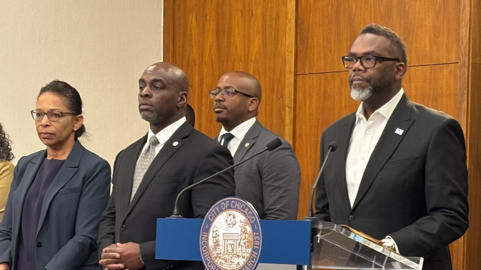 Mayor Brandon Johnson (far right) speaks at a news conference on Feb. 4, 2025. (Heather Cherone / WTTW News) Mayor Brandon Johnson (far right) speaks at a news conference on Feb. 4, 2025. (Heather Cherone / WTTW News)