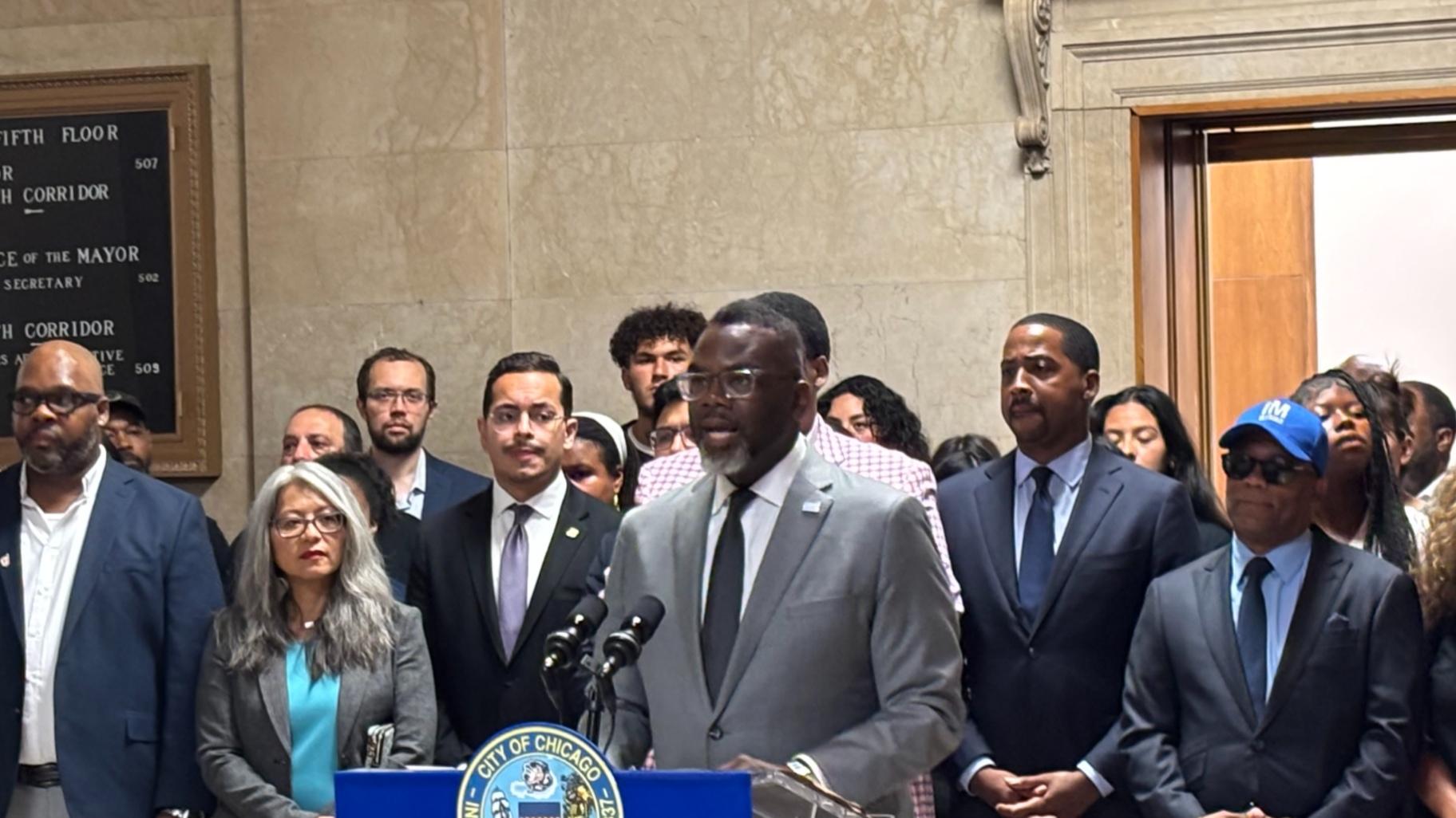 Mayor Brandon Johnson addresses the news media on July 16, 2025. (Heather Cherone / WTTW News)