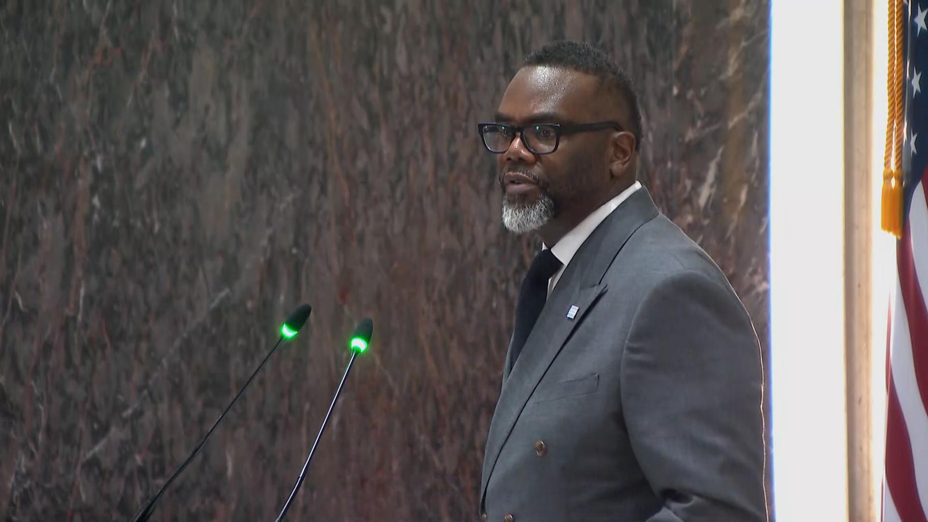 Mayor Brandon Johnson delivers his budget address on Oct. 30, 2024. (WTTW News) Mayor Brandon Johnson delivers his budget address on Oct. 30, 2024. (WTTW News)