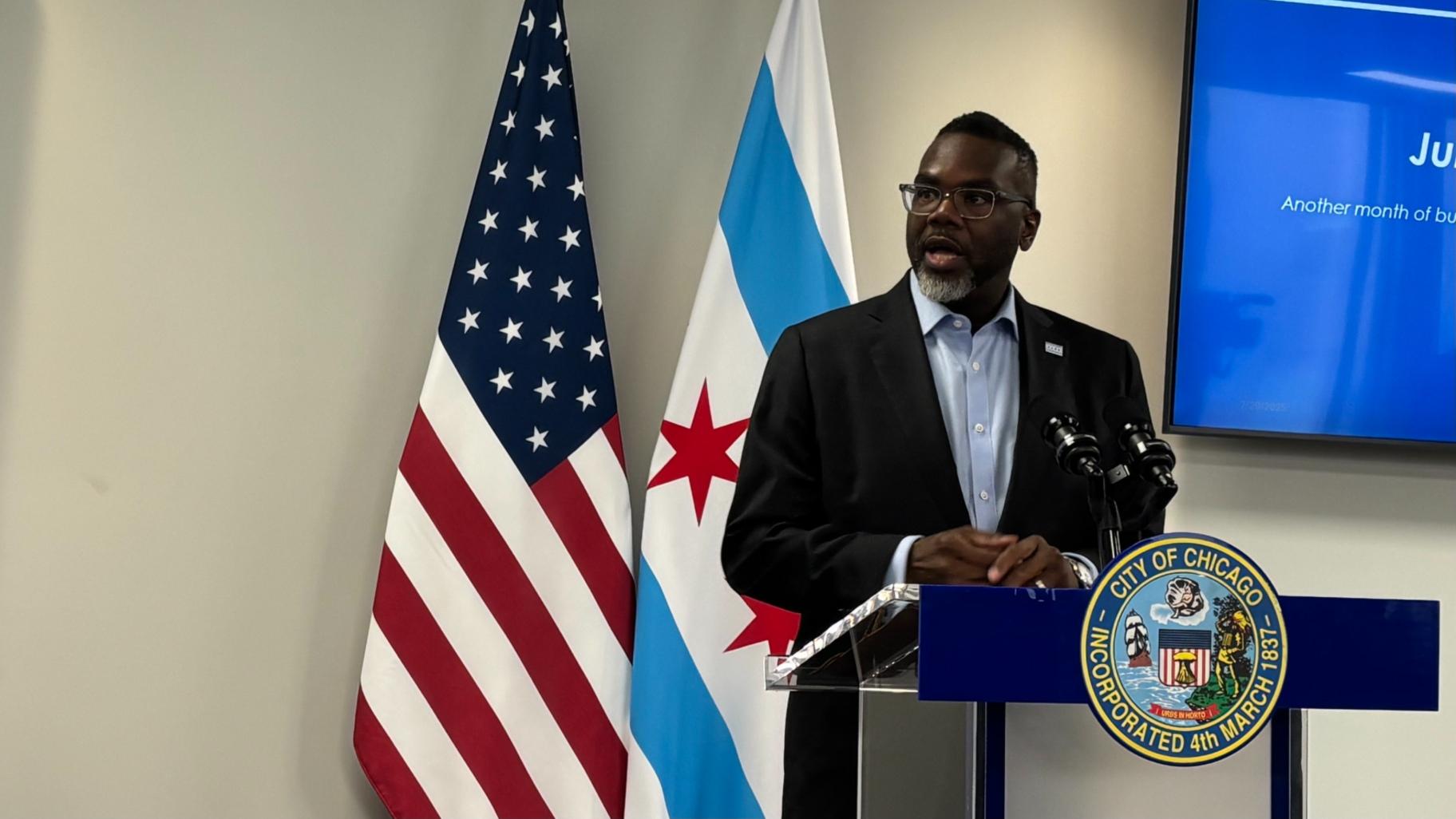 Mayor Brandon Johnson addresses the news media on Tuesday, July 29, 2025. (Heather Cherone/WTTW News)