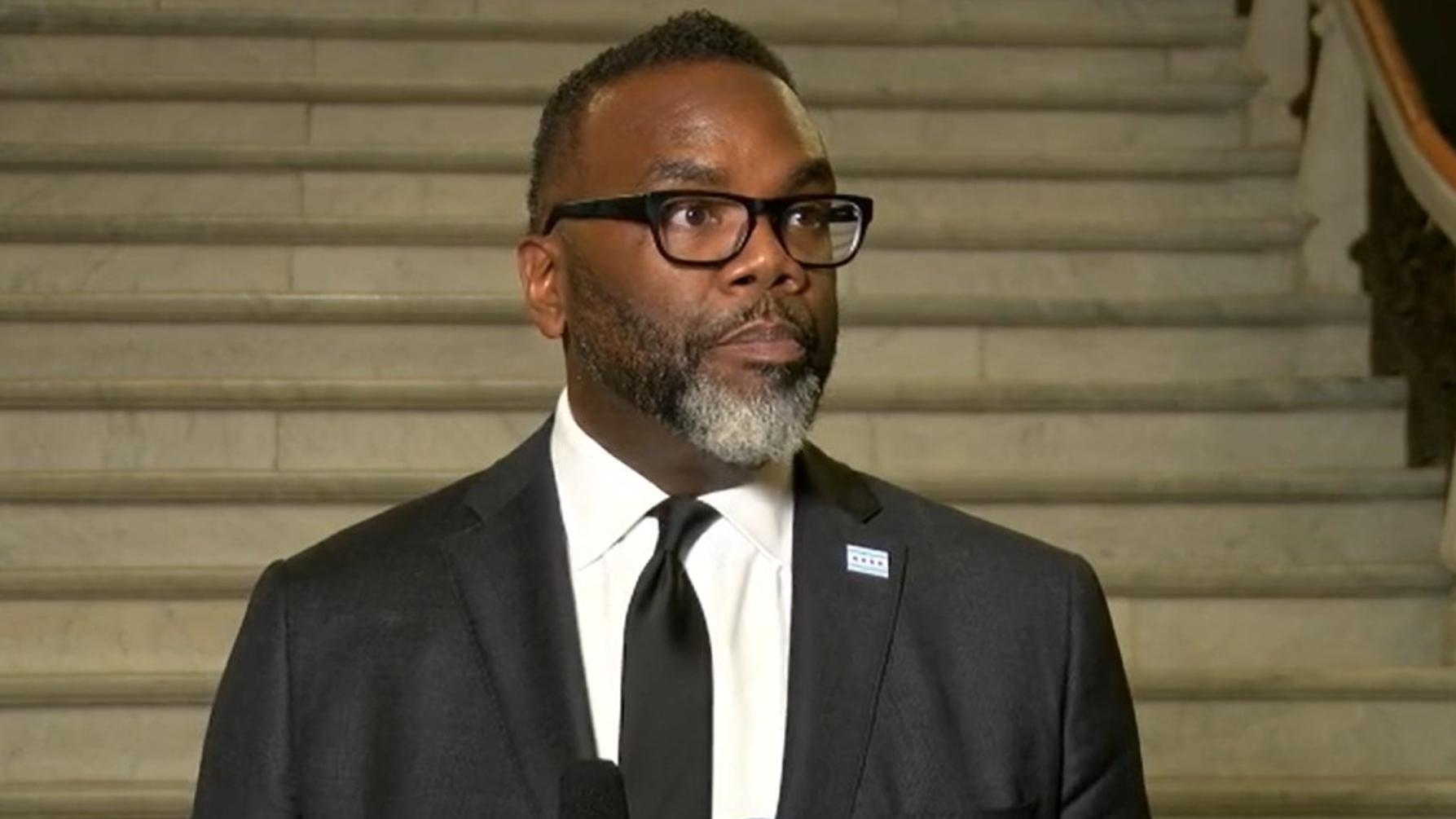 Mayor Brandon Johnson speaks to the news media at the state Capitol on May 8, 2024. (WTTW News)