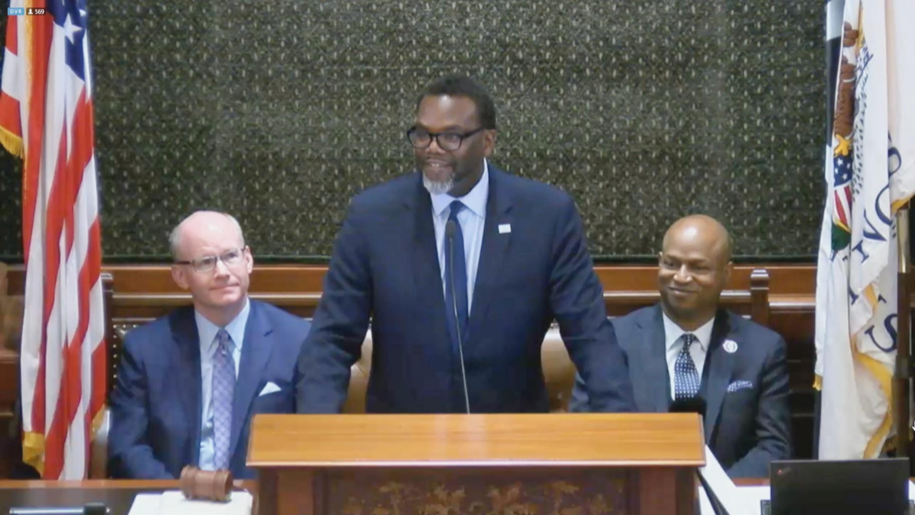 Mayor-elect Brandon Johnson addresses the Illinois General Assembly on Wednesday, April 19. 
