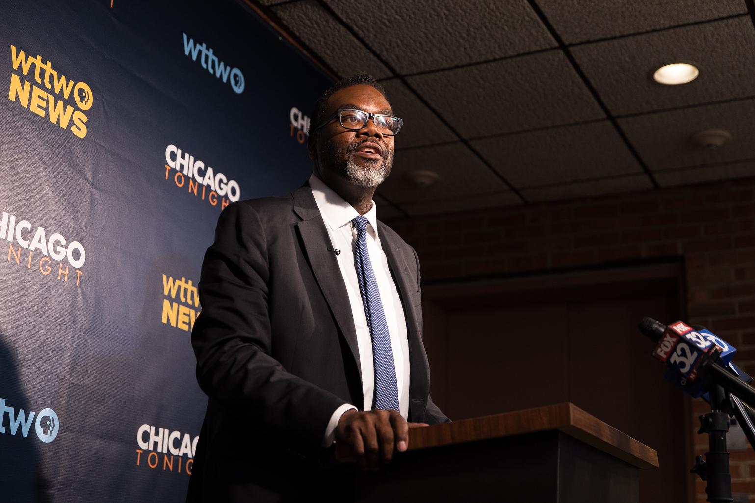 Cook County Commissioner Brandon Johnson fields questions from the news media on Feb. 7, 2023, after the WTTW News mayoral forum. (Michael Izquierdo / WTTW News)