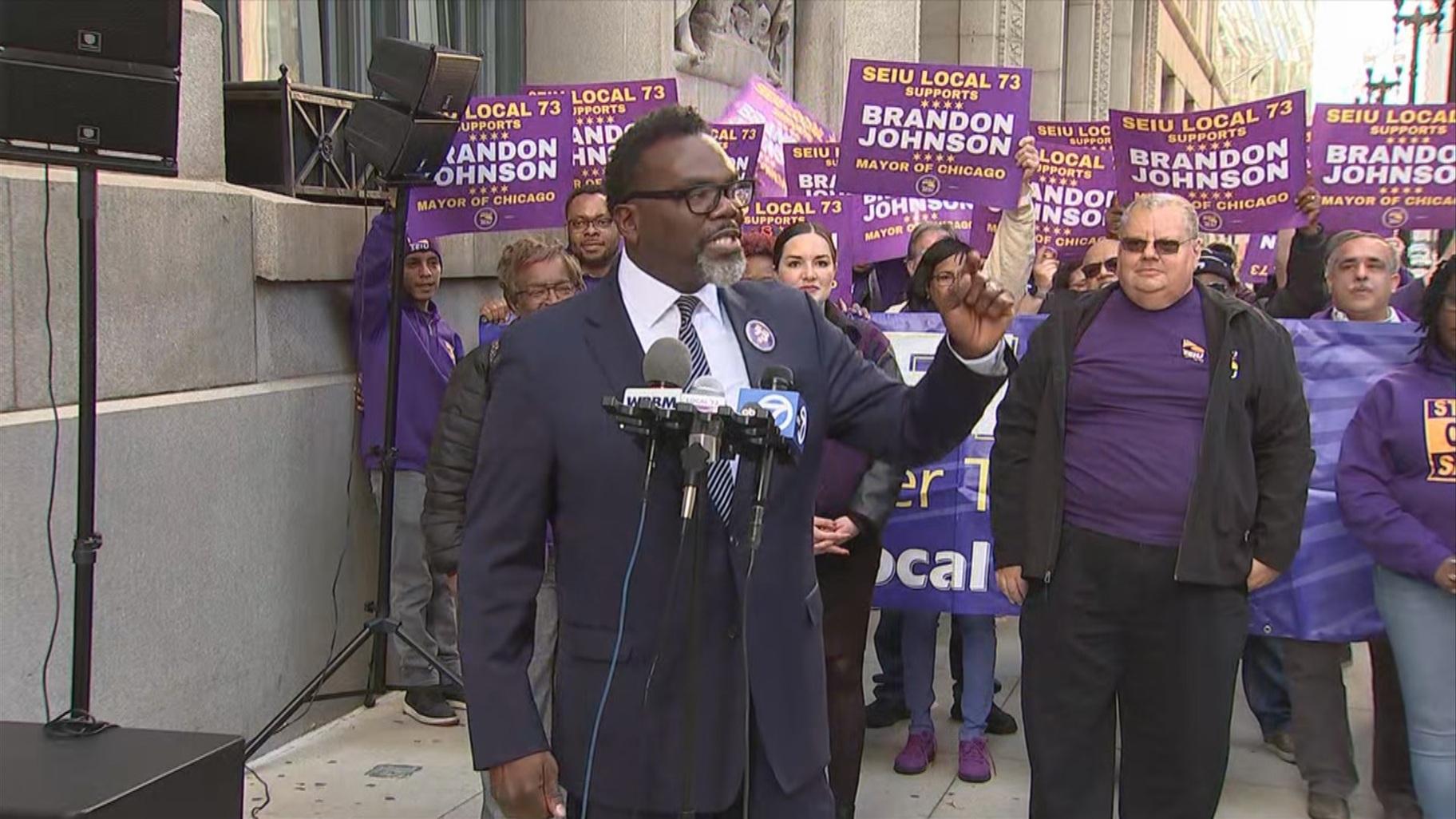 Brandon Johnson speaks after receiving the backing of SEIU Local 73 in his bid for mayor on Nov. 9, 2022. (WTTW News)